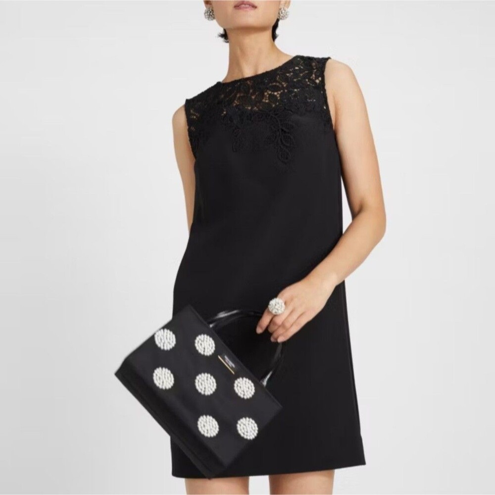Kate Spade Ribbon Lace Applique Crepe Dress Black Sheath LBD Size 10 NWOT Luxury